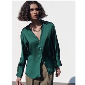 Zara Emerald‎ Green Satin Button Down  Oversized Long Sleeve Blouse Size L